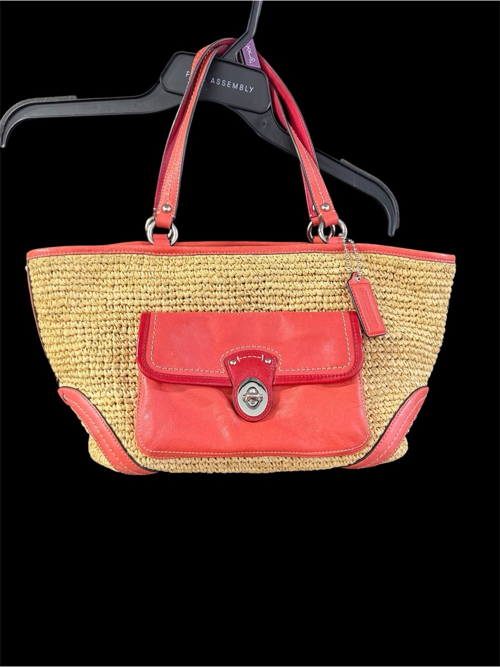 Coach Woven Straw Tote with Coral Leather Trim